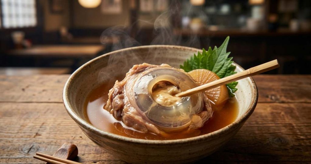 Simmered tuna eyeball in Japanese broth with chopsticks breaking into creamy interior
