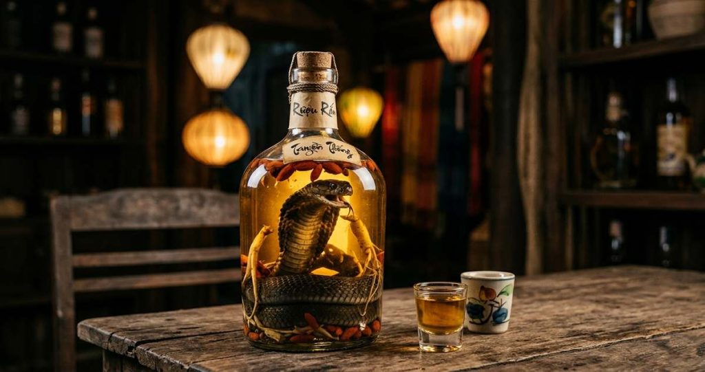 Vietnamese snake wine bottle with coiled cobra and amber liquid traditional ruou ran spirit