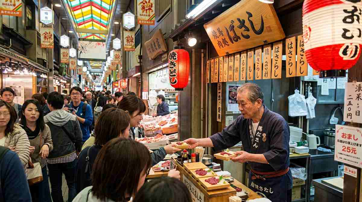 Food stall at Nishiki Market in Kyoto selling basashi raw horse meat sashimi by the slice
