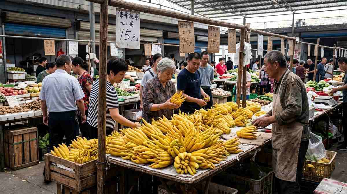 Traditional Chinese market in Beijing selling fresh Buddha's Hand fruit