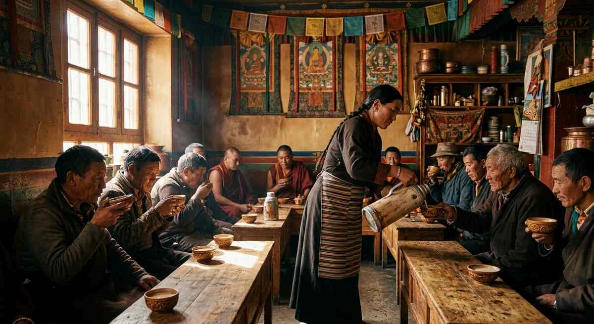 Traditional tea house in Lhasa Tibet serving yak butter tea to pilgrims