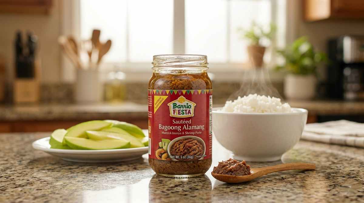 Barrio Fiesta bagoong alamang jar and Rufina patis bottle with traditional labels