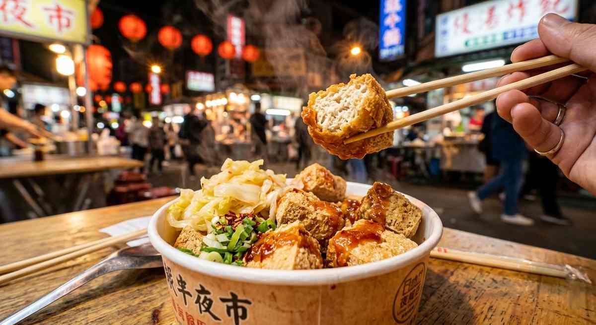 Golden brown deep-fried stinky tofu in paper bowl with pickled cabbage chili sauce and chopsticks at Taiwanese night market stall