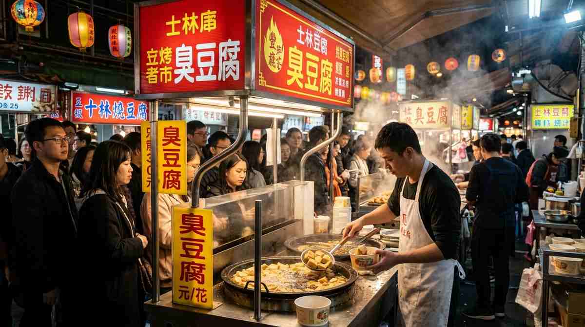 Busy Shilin Night Market in Taipei with stinky tofu vendor stall under red lanterns