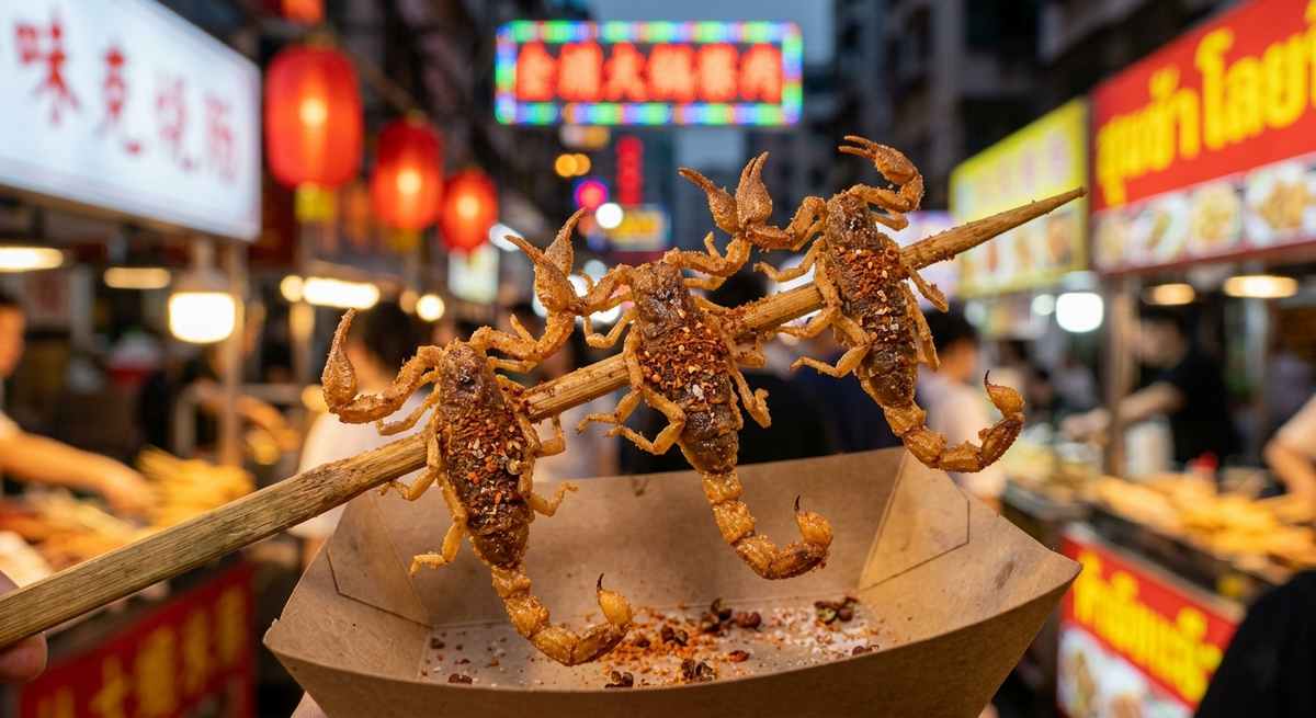Deep fried scorpions on a stick at night market with golden brown crispy texture and chili seasoning ready to eat
