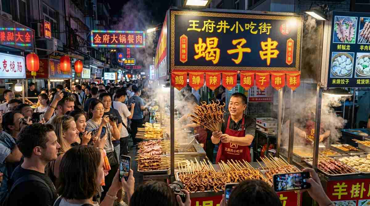Wangfujing Snack Street in Beijing with vendor holding skewers of scorpions under bright neon lights