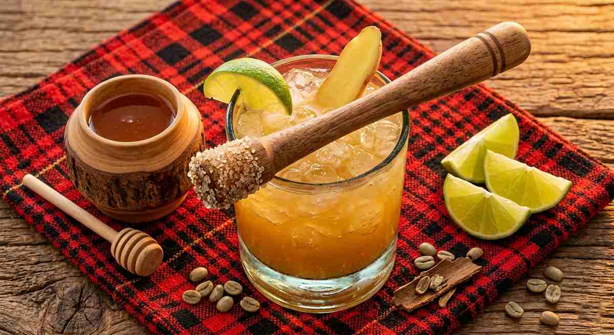 Dawa cocktail Kenyan honey ginger vodka drink in rocks glass with wooden muddler and pot of honey authentic Nairobi cocktail
