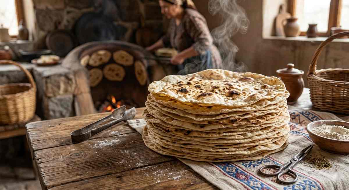 Stack of fresh traditional Armenian lavash bread with golden brown charred spots on rustic wooden table