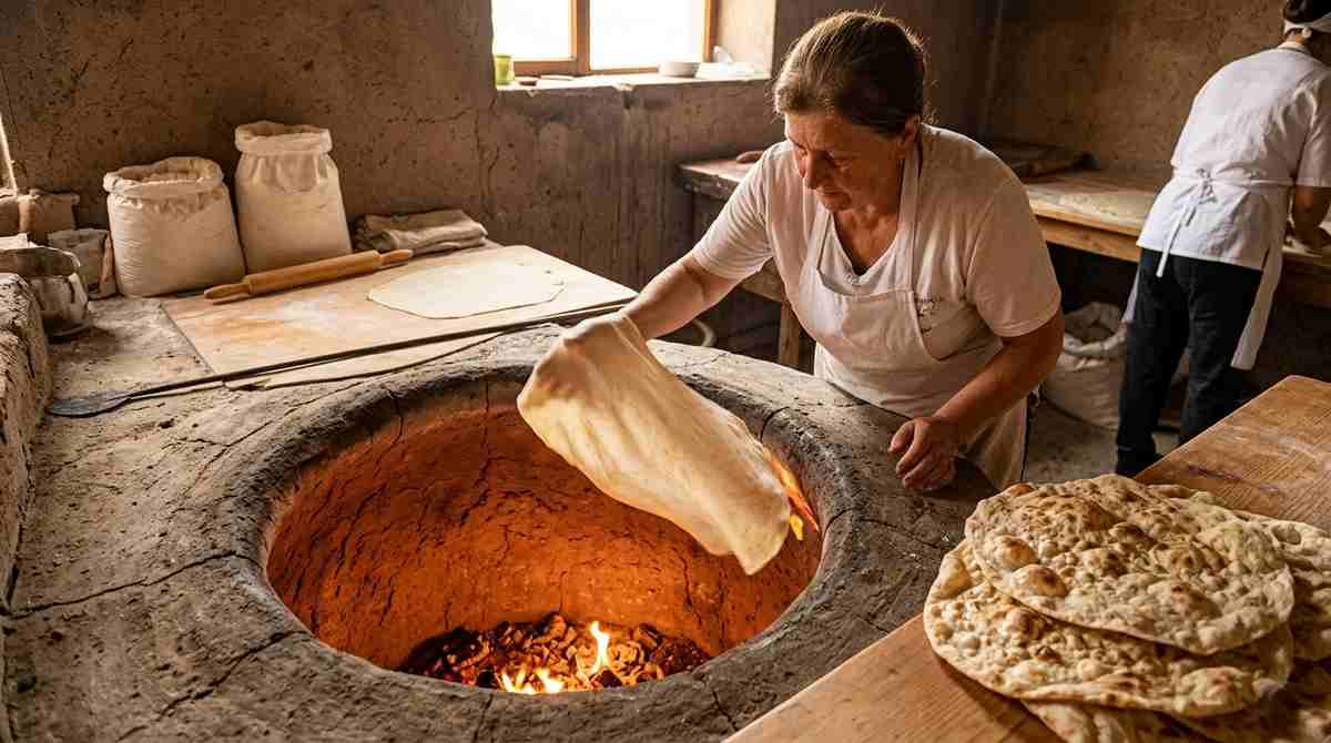Traditional Armenian tonir clay oven with baker stretching lavash bread dough before baking on hot oven walls