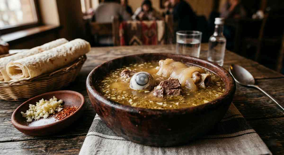 Sheep eyeball in traditional khash broth with sheep cheek meat and trotter Middle Eastern delicacy served in clay bowl