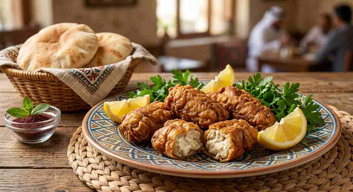 Golden brown fried lamb brain Mokh served on plate with fresh parsley lemon wedges and warm pita bread Middle Eastern delicacy