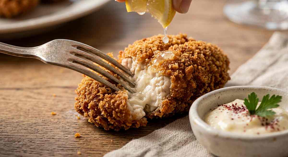 Close up of crispy fried lamb brain Mokh cut open revealing soft white creamy interior