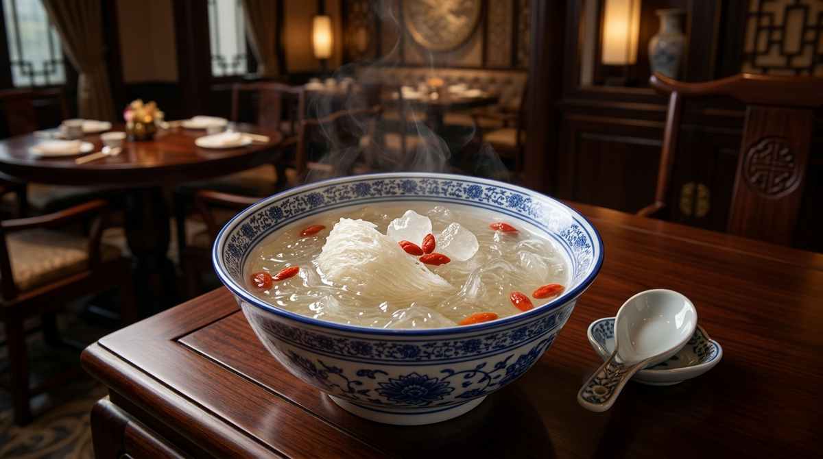 Translucent bird's nest soup in ceramic bowl with whole white swiftlet nest and goji berries traditional Chinese delicacy