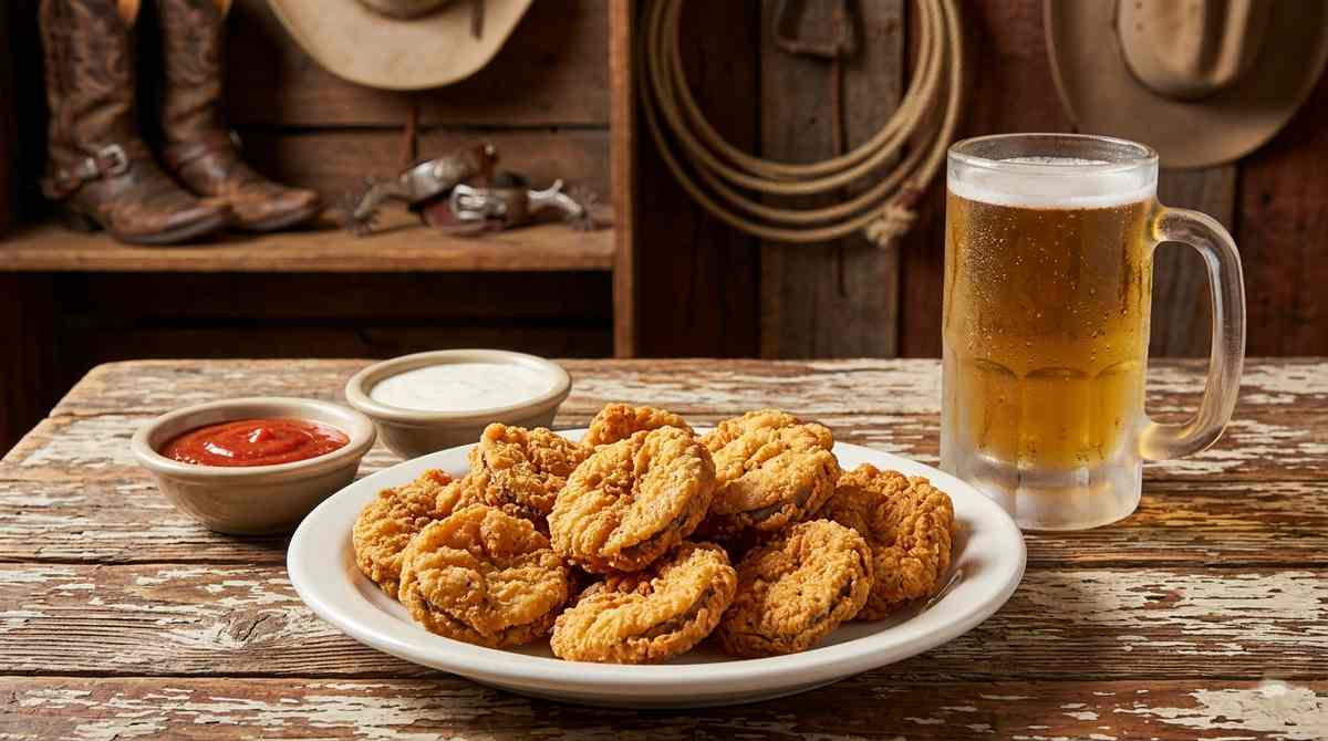 Golden brown fried Rocky Mountain Oysters on a plate with ranch dressing and cocktail sauce Western American appetizer