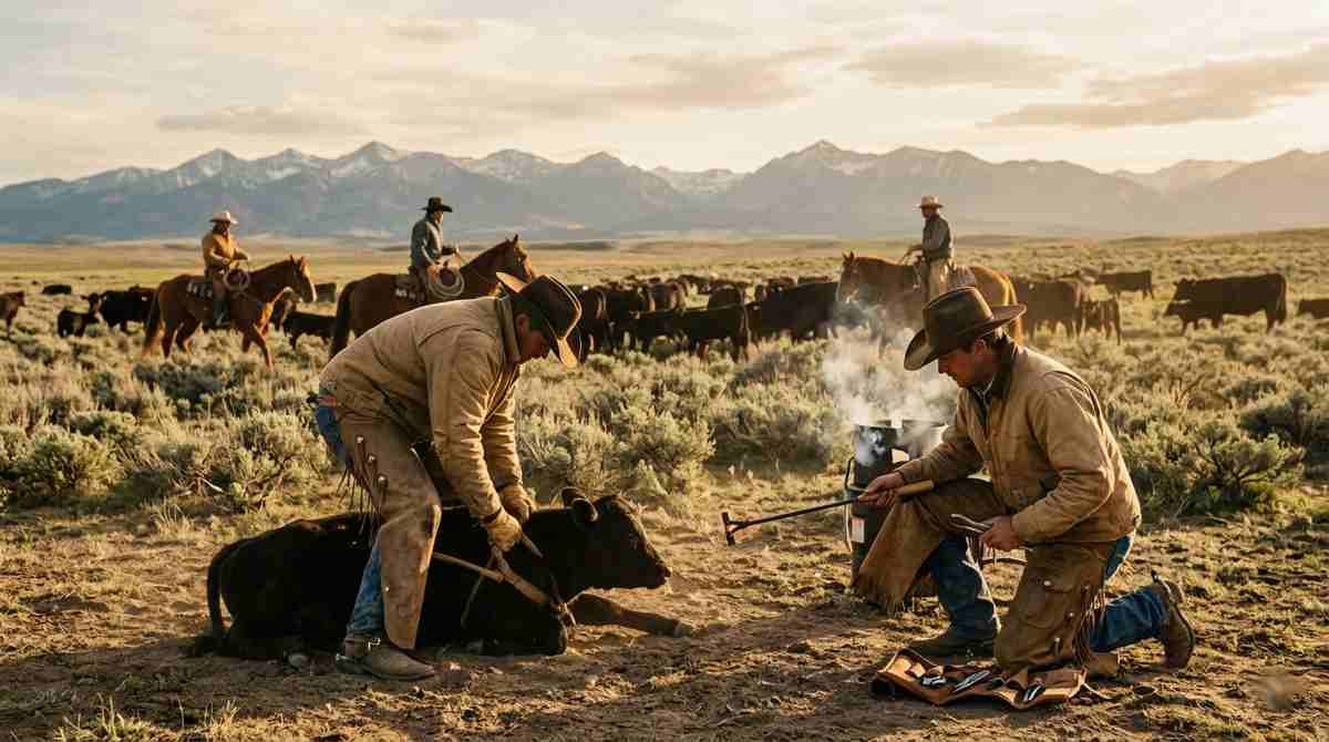 Spring roundup on Western ranch with cowboys branding and castrating calves