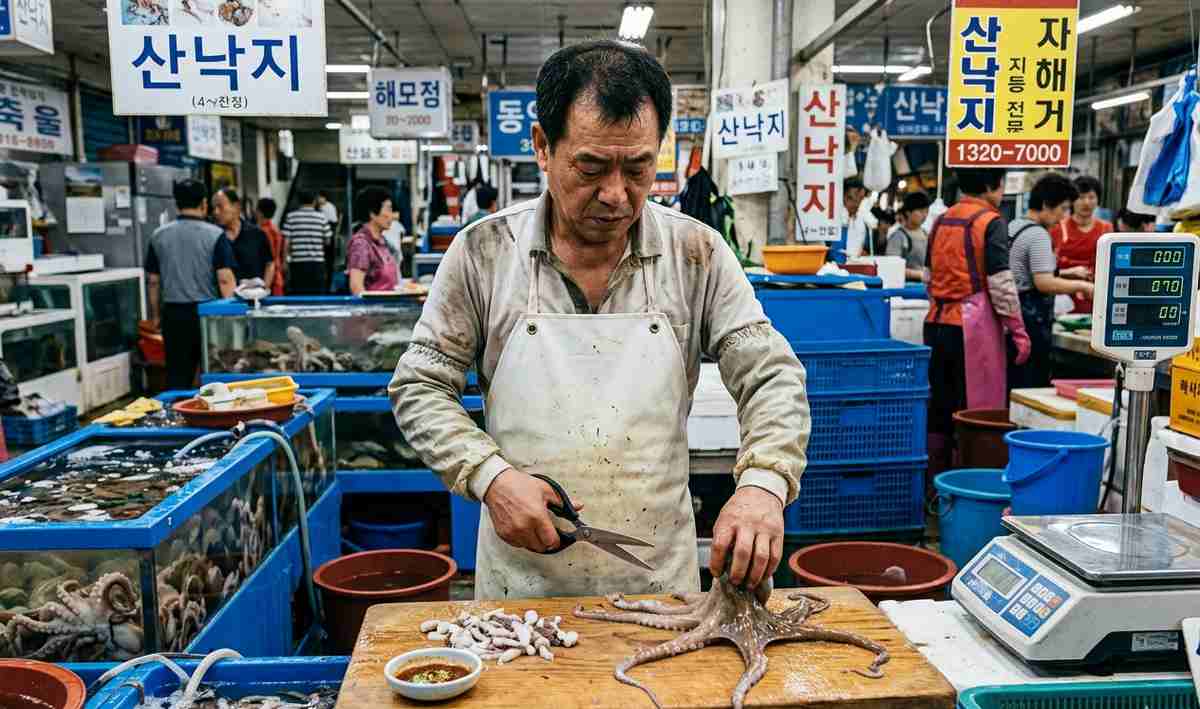 Korean chef preparing sannakji by cutting live octopus tentacles at fish market stall
