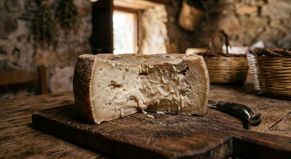 A cut wheel of Casu Marzu traditional Sardinian maggot-infested cheese displayed inside rustic stone pinneta aging hut showing creamy texture and visible white larvae