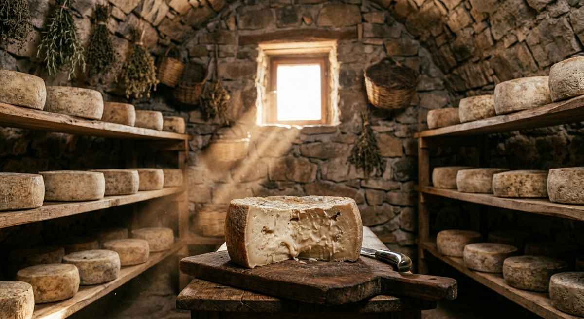 Traditional Sardinian serving of Casu Marzu with pane carasau flatbread and Cannonau red wine