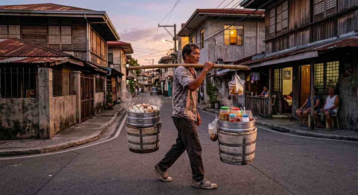 Balut vendor at night market with steaming basket of fertilized duck eggs