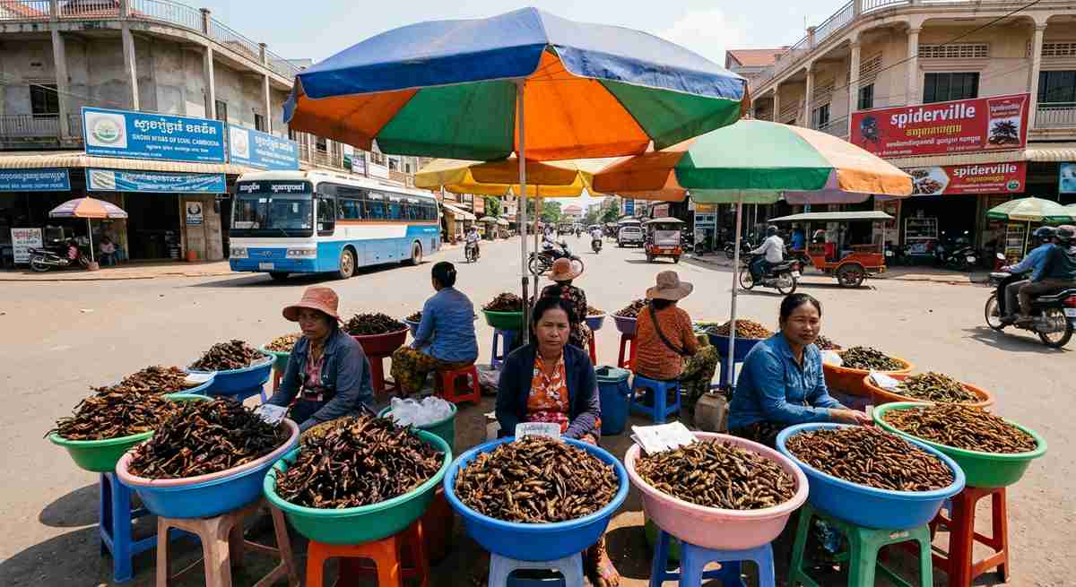 Skuon town Cambodia with women vendors holding platters of fried tarantulas