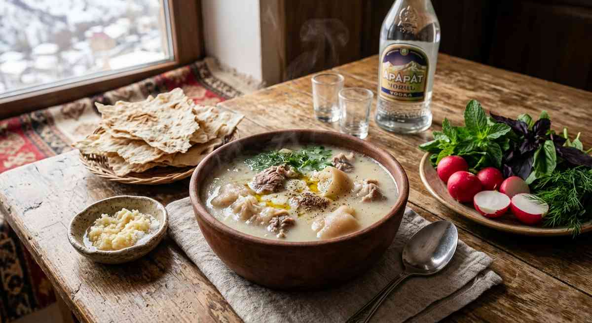 Traditional Khash breakfast spread with bowl of soup dried lavash garlic paste radishes fresh herbs and bottle of vodka on wooden table