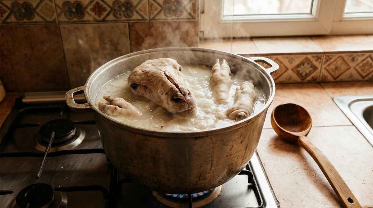 Traditional Khash breakfast spread with bowl of soup dried lavash garlic paste radishes fresh herbs and vodka