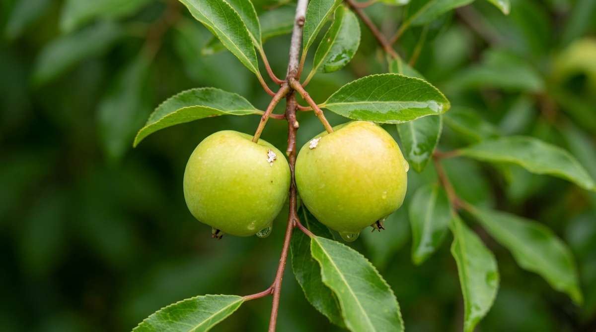 Close up of manchineel fruit small green apple-like fruits on tree branch deceptively sweet-smelling but deadly toxic