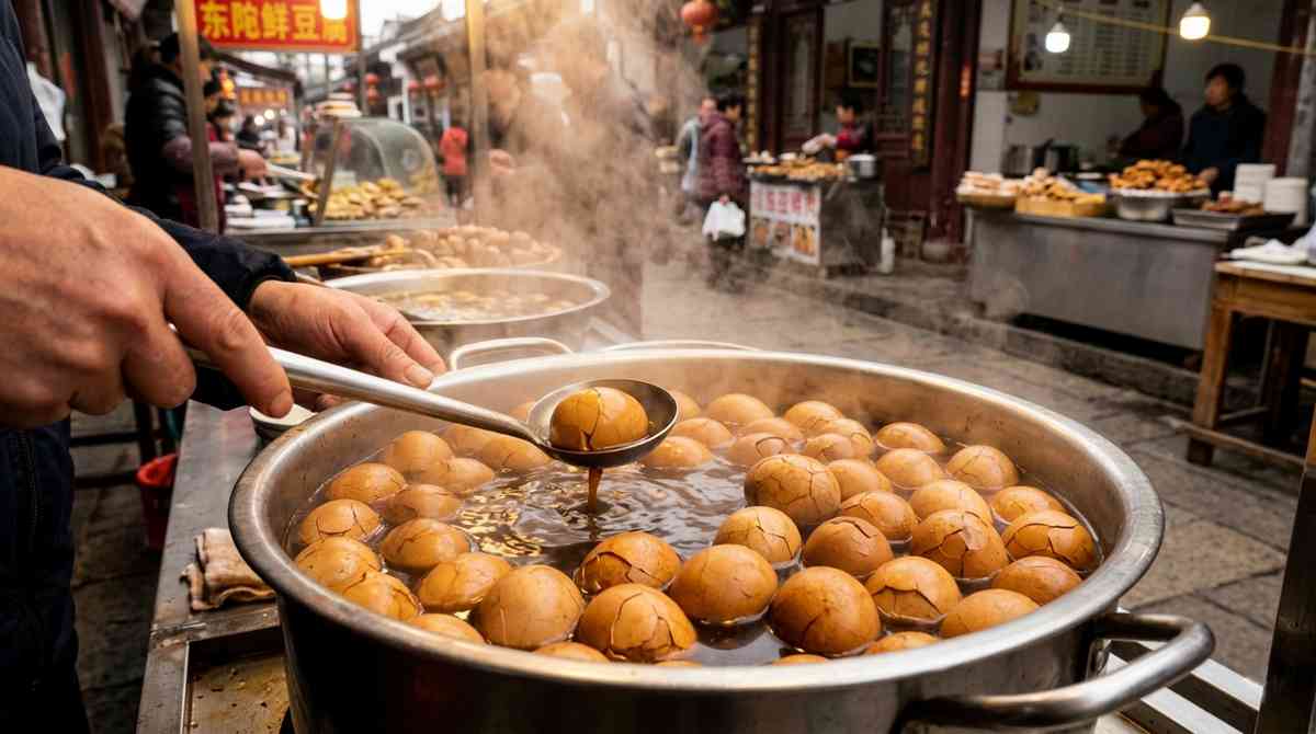 Tong Zi Dan virgin boy eggs in large steaming pot with amber-colored cracked shells being sold by street vendor in Dongyang China