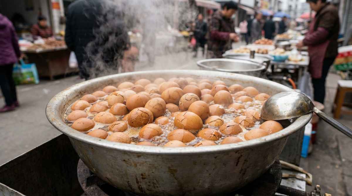 Large metal pot of Tong Zi Dan eggs simmering in urine broth with amber-colored cracked shells