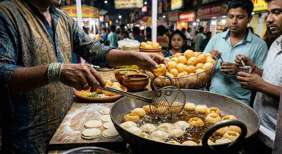 Indian street vendor deep frying phuchka dough balls in hot oil making crispy shells