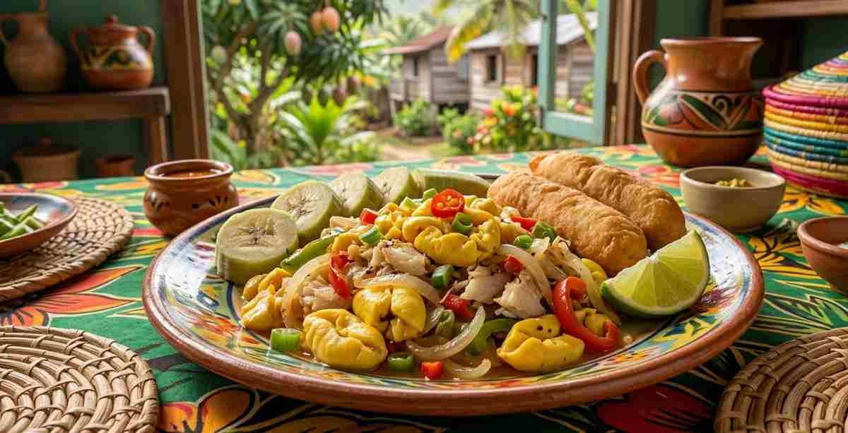 Ackee and saltfish plated with fried dumplings and boiled green bananas