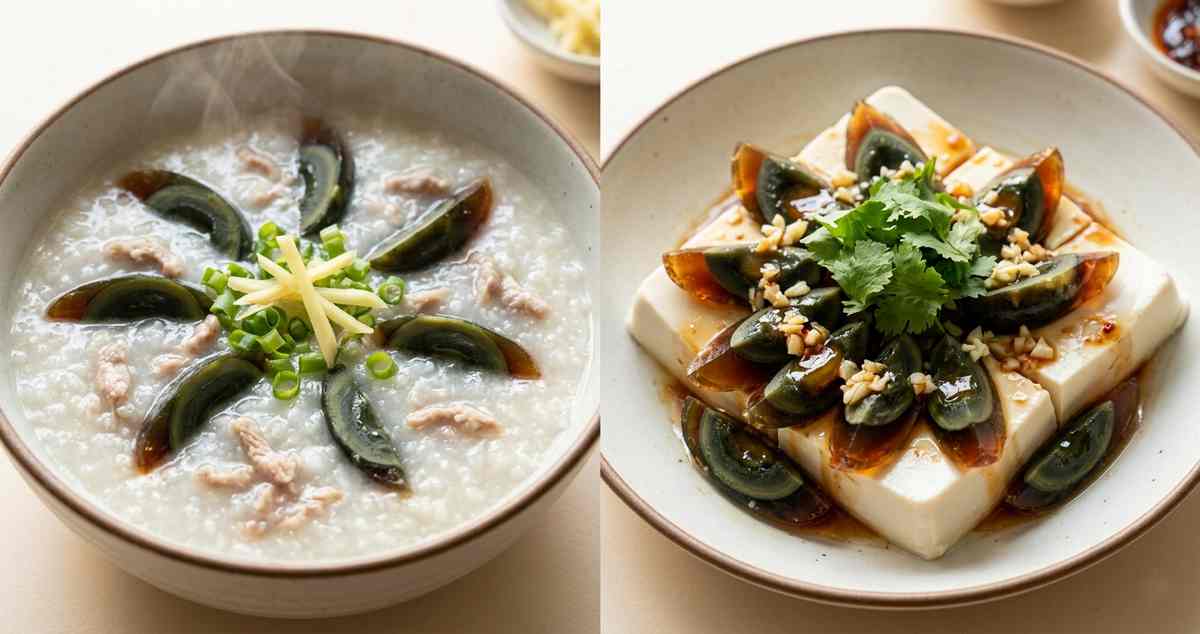 Century egg congee and century egg with tofu - traditional Chinese dishes