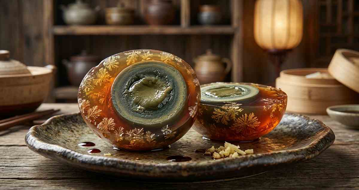 Century egg sliced open showing dark green yolk and translucent amber-white jelly with pine-flower patterns
