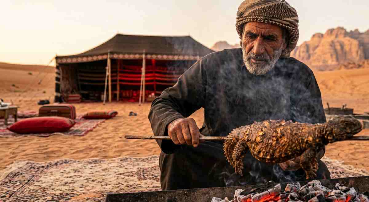 Bedouin man roasting Dabb lizard over desert fire pit in Oman desert camp