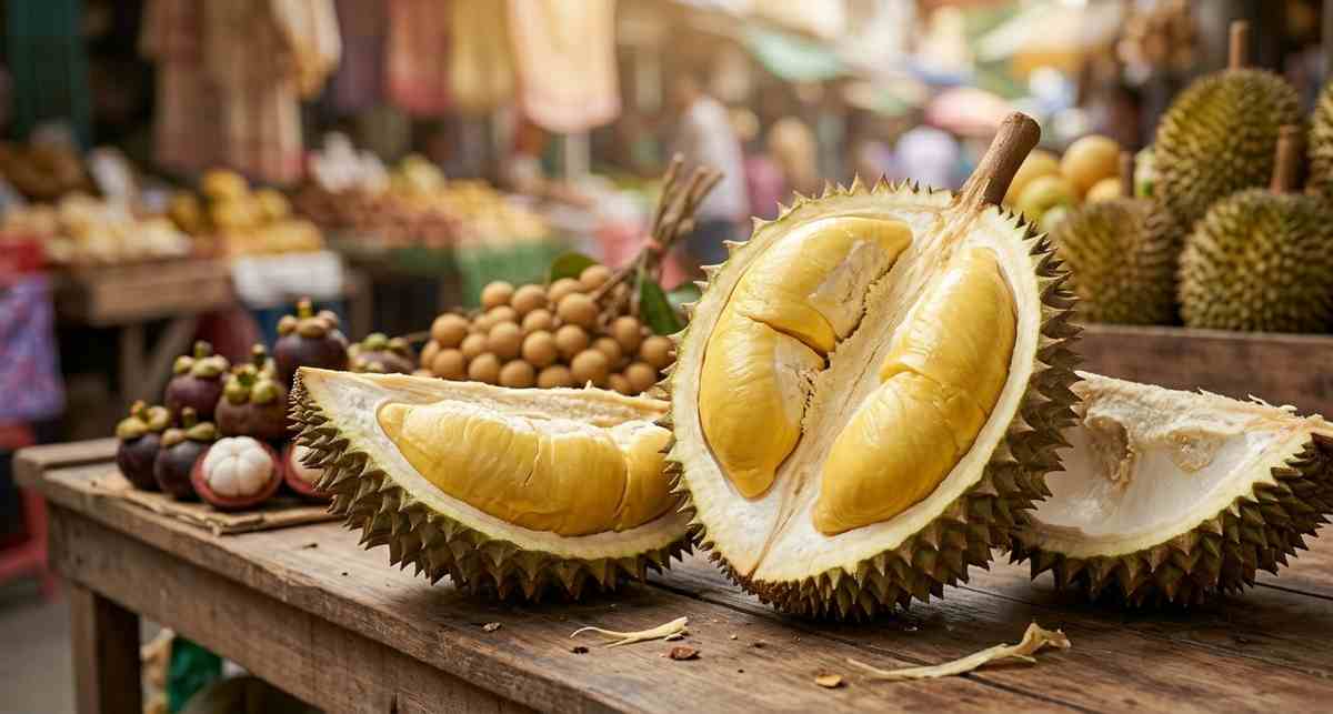 Different durian varieties Musang King Monthong and D24 showing flesh color differences