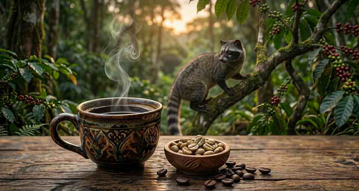 Caged civet on Kopi Luwak farm showing animal welfare concerns