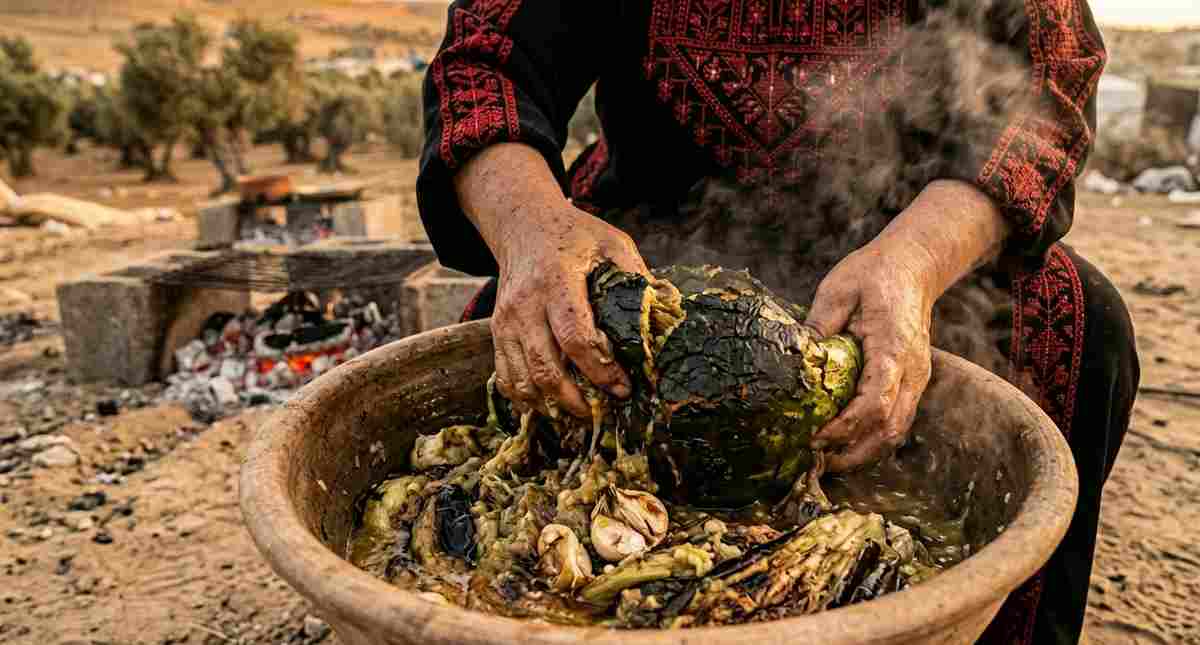 Palestinian cook mashing roasted Lasima watermelon with eggplant and garlic in ceramic bowl