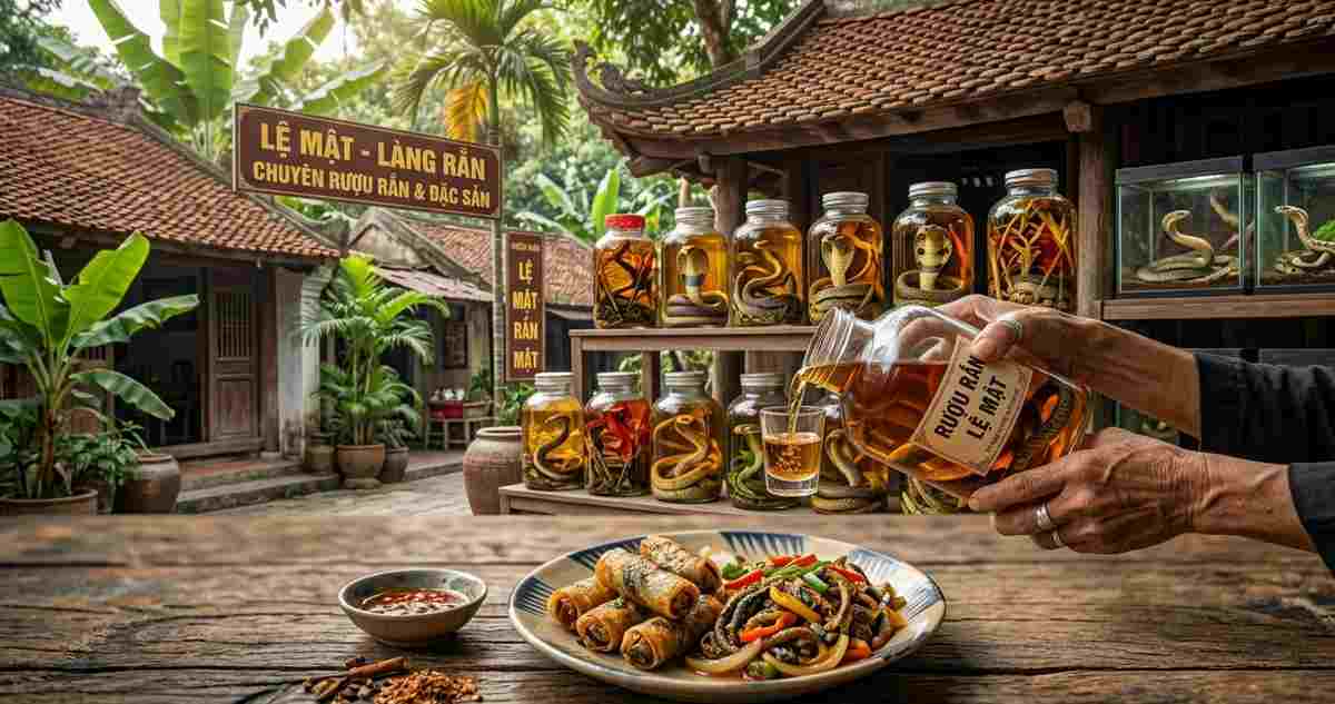 Le Mat Snake Village near Hanoi with snake wine bottles on display