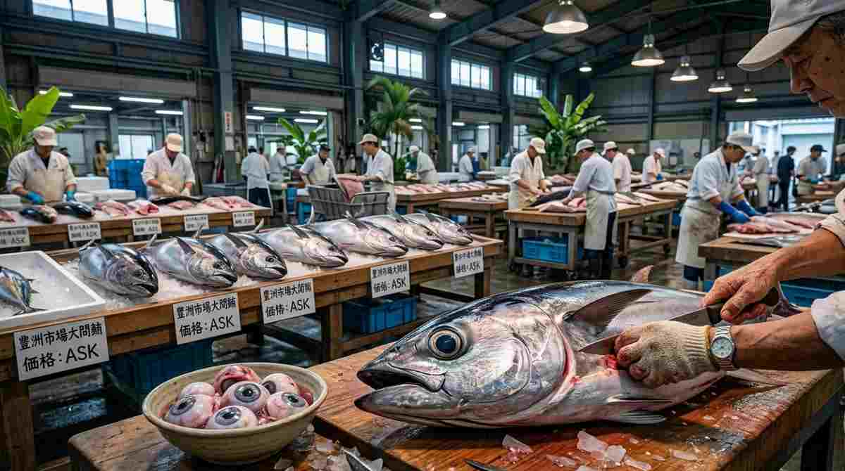Toyosu Market Tokyo with tuna auction and fresh seafood displays