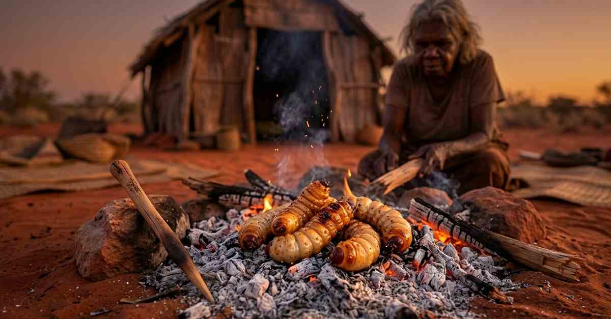 Witchetty grubs being roasted in hot campfire ashes by Aboriginal elder