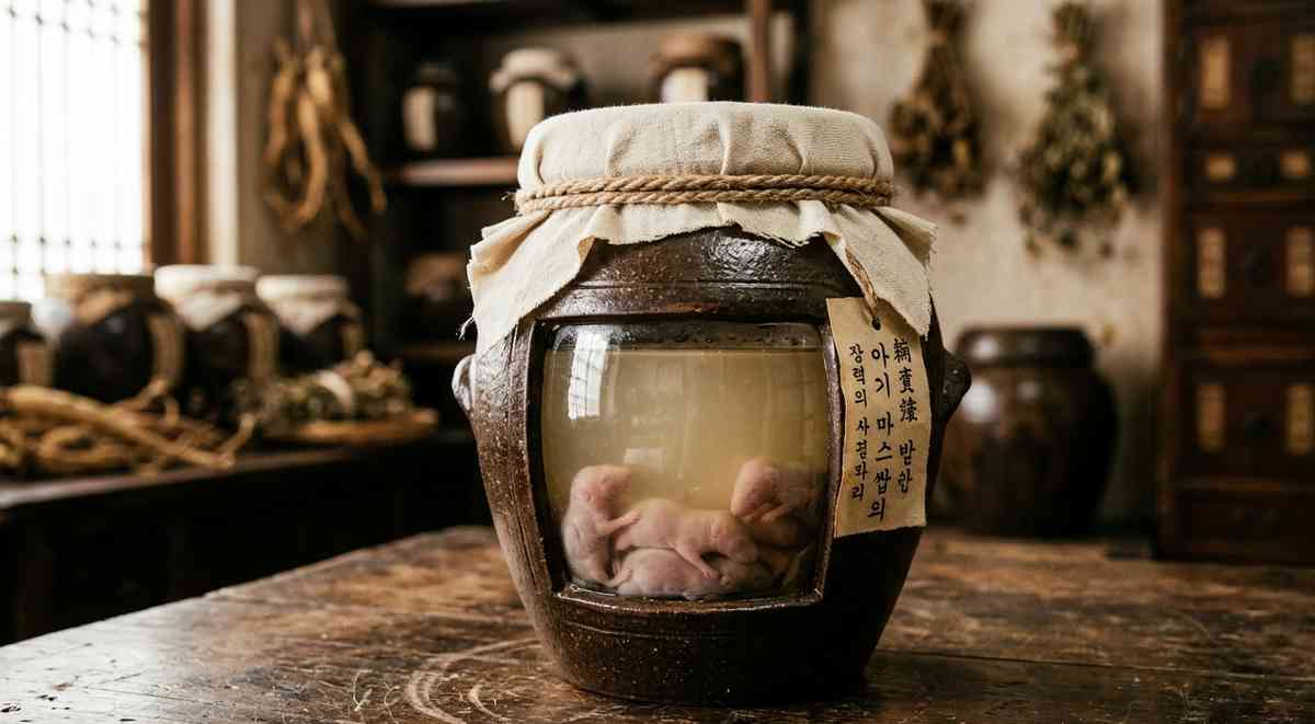 Traditional Korean rice wine jar used in folk medicine preparation