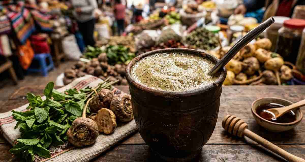 Traditional Peruvian frog juice served in clay cup with honey and herbs