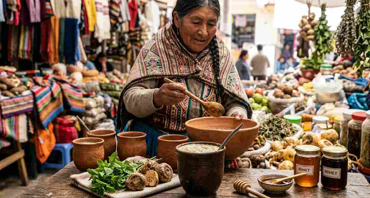 Traditional Peruvian market stall preparing herbal remedies including frog juice ingredients