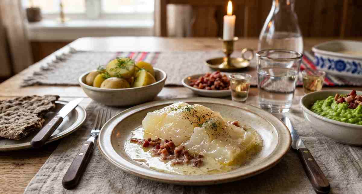 Lutefisk served on a plate with traditional Norwegian side dishes of potatoes and peas