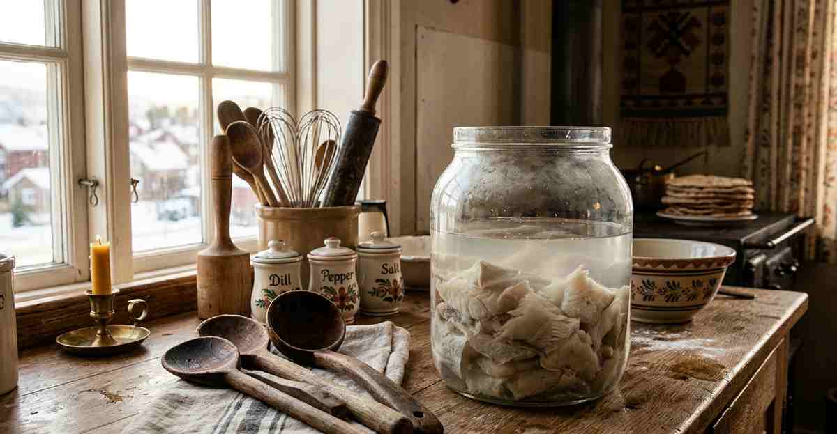 Traditional preparation of lutefisk with whitefish soaking in lye solution