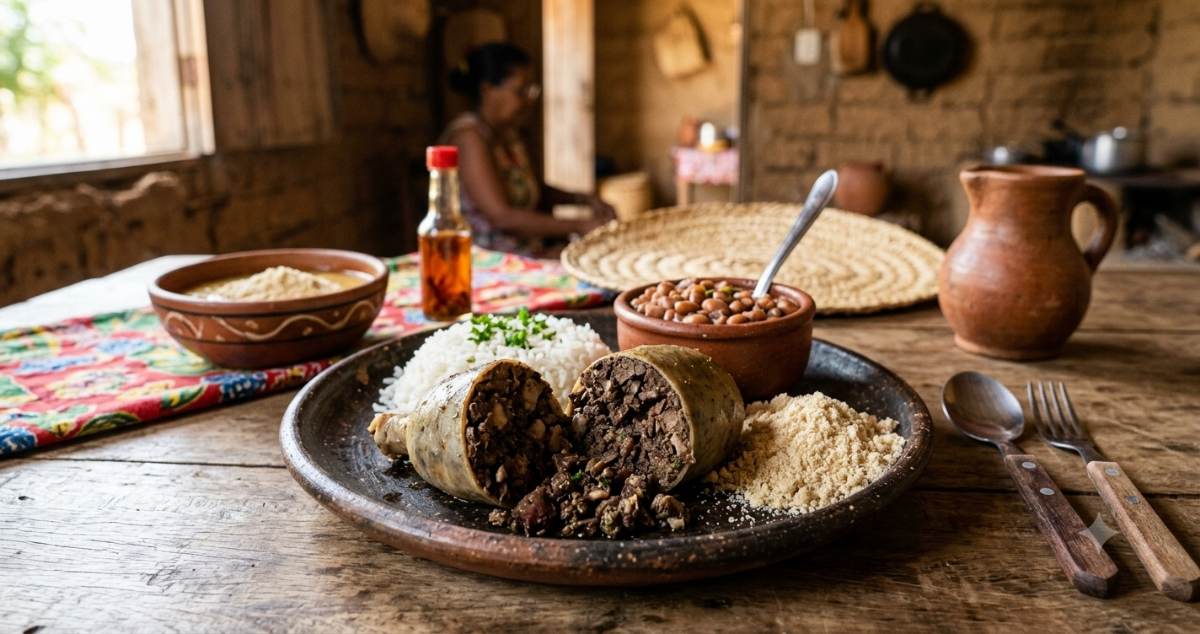Buchada de Bode, traditional Brazilian goat stomach stuffed with offal, served with rice and beans