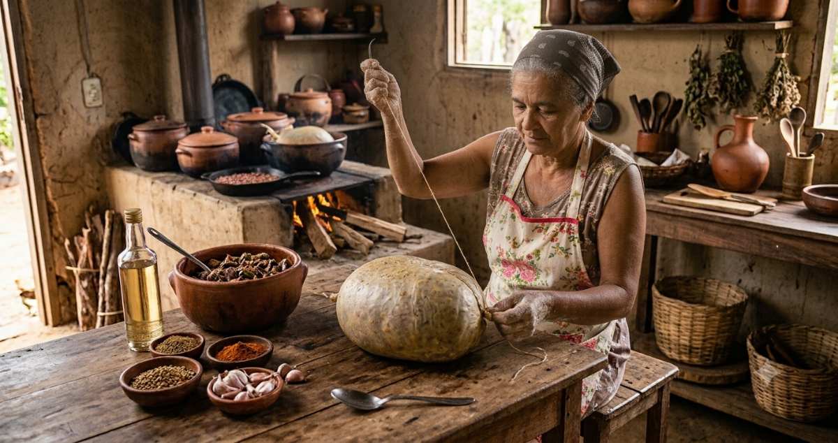 Traditional preparation of Buchada de Bode showing goat stomach being sewn closed with needle and thread