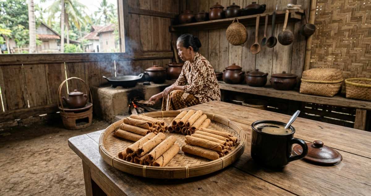 Ampo, traditional baked clay snack from Tuban, served with black coffee on bamboo tray