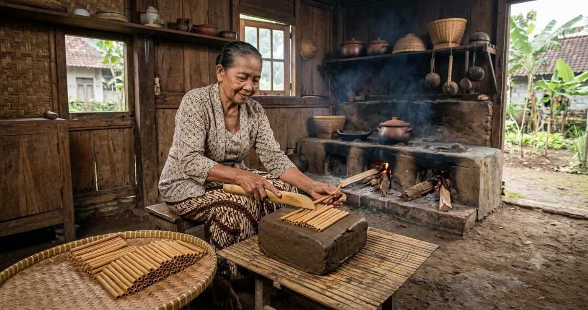 Traditional ampo production showing clay being scraped with bamboo tool before baking