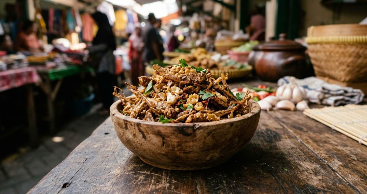 Crispy fried grasshoppers seasoned with garlic and coriander, served in a traditional bowl in Gunungkidul, Yogyakarta